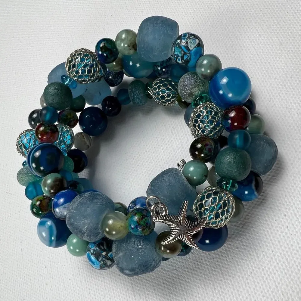 Hand Beaded Coil Statement Bracelet Beachy Turquoise Beads and Mixed Metals